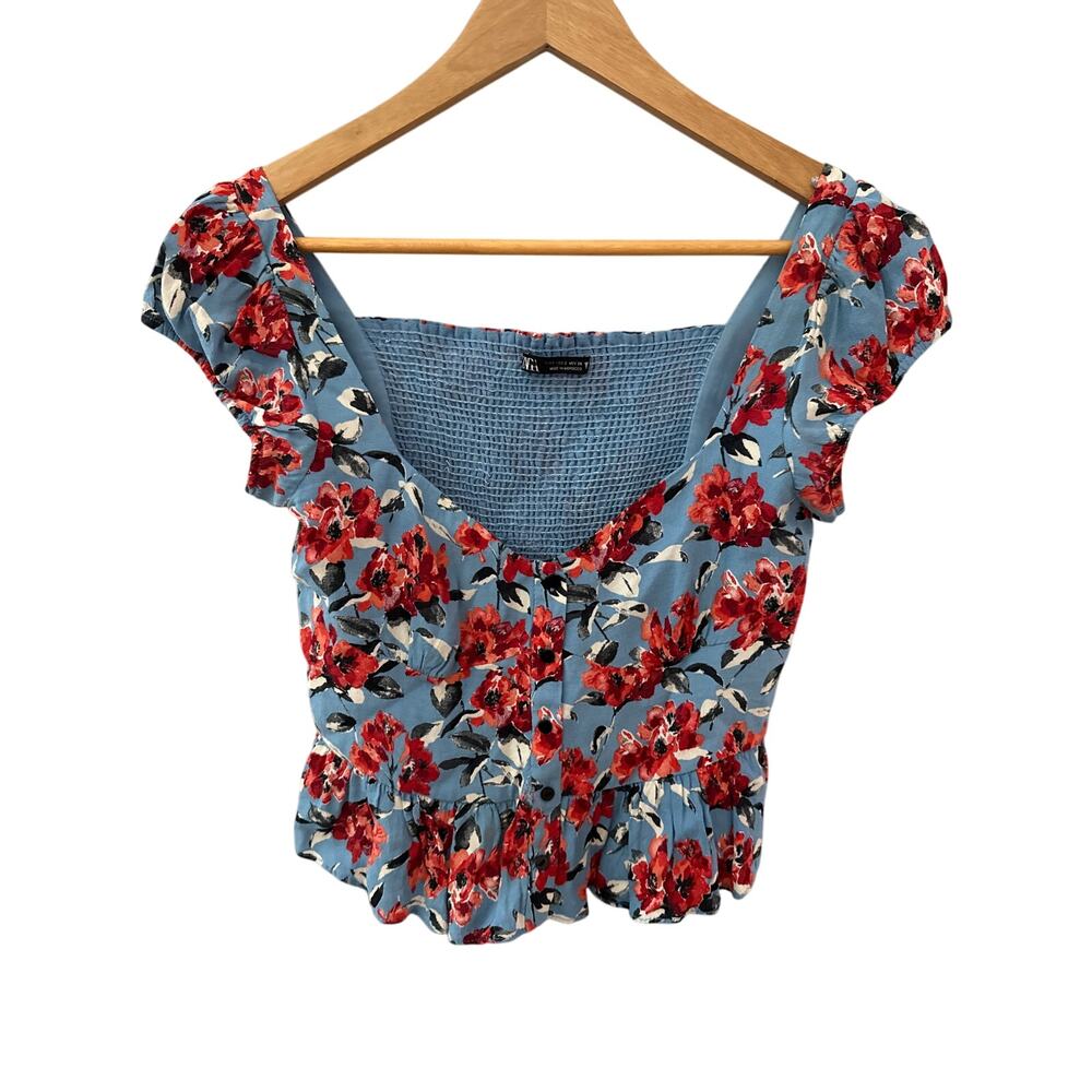 Zara Smocked Back Floral Cropped Top Red‎ & Blue Size Small - Picture 3 of 11
